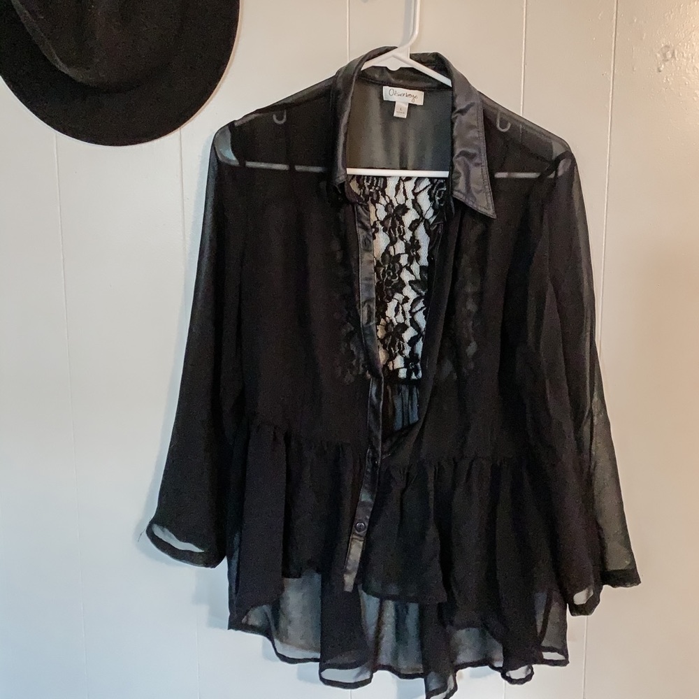 Cute Sheer Button-up Blouse with Faux Leather!